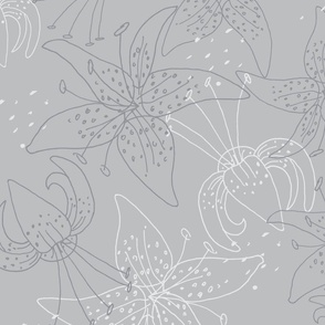 boho TIGER Lillies line drawing in blue-greys