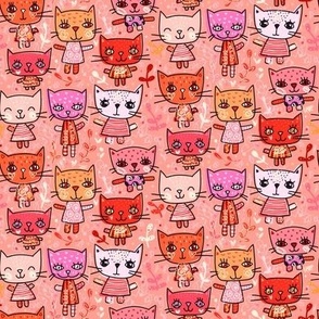Cute doodle cats in pink, red and orange, cartoon animal 
