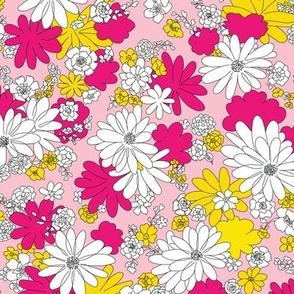 1970s Floral Flower Power Pink and Yellow Retro