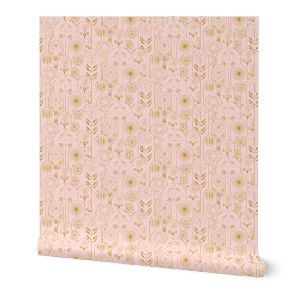 Art Deco Flower Cloches Metallic Gold on Light Pink Floral Wallpaper - Half-Drop - Medium