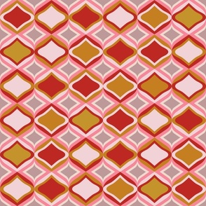 Geometric ogee and diamond, red gold pink, 3 inch