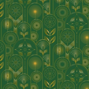 Art Deco Flower Cloches Metallic Gold on Green Floral Wallpaper - Half-Drop - Medium