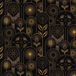 Art Deco Flower Cloches Metallic Gold Floral Wallpaper - Half-Drop - Medium