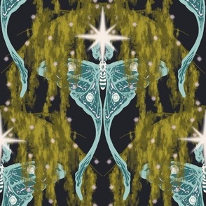(L) Natural Spanish Moss with Luna Moth and Stars Dark Background Large