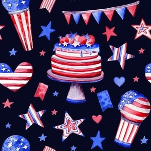 M - American stars, cakes on a dark background. USA 4th of july. Hand drawn watercolor flag - MEDIUM scale