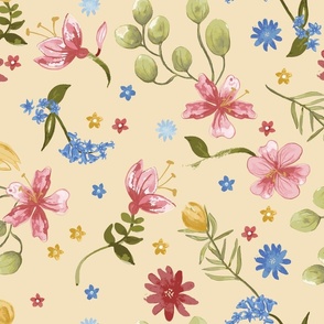 Watercolour ditsy fun floral design in bright colours on gold fabric and wallpaper