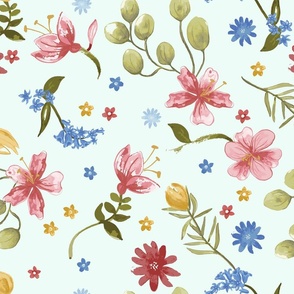 Watercolour ditsy fun floral design in bright colours on light aqua fabric and wallpaper