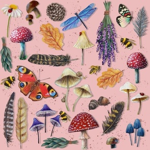 Mushrooms and Insects on Pink (Nature's Garden)