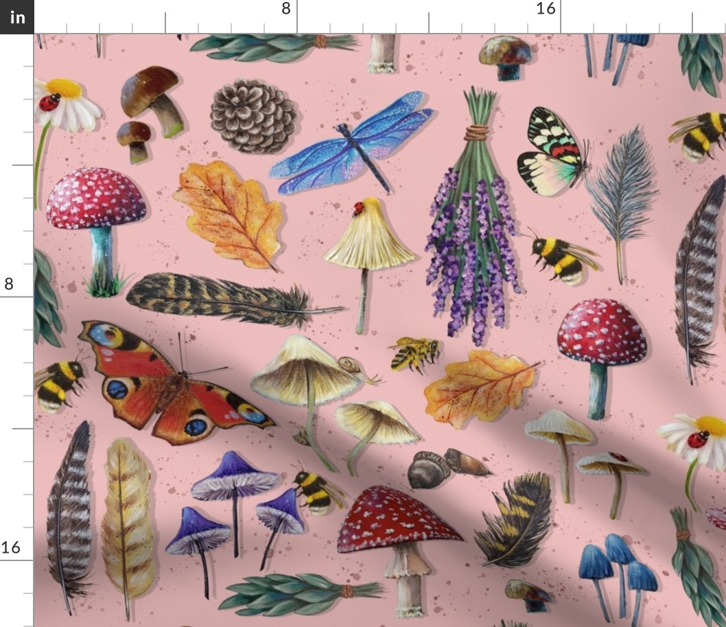 Mushrooms and Insects on Pink (Nature's Garden)