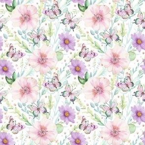 Cottagecore spring floral & butterflies | Pastel watercolor