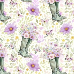Cottagecore spring gumboots with flowers in pastel green & purple
