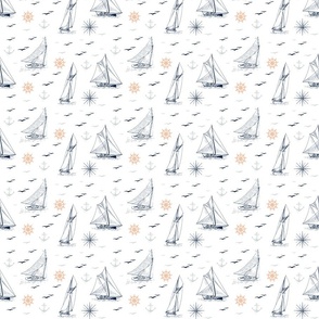 Small scale navy sailboats wheels and windroses and segulls on white 