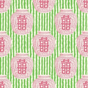 custom pink ginger jars on sketchy bright lime green stripes