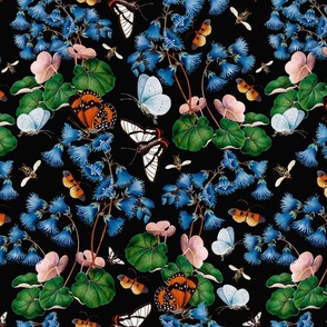 James Bolton Antique Hand Painted Victorian Historical Reconstructed Moths And Butterflies with Blue Flowers -black