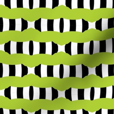 Kelly Green Pointed Stripes on Black and White Vertical Stripes in a Bold Retro Memphis Style