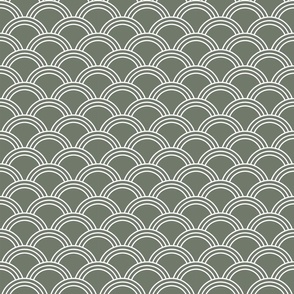 Japanese wave print, large scallops, olive green