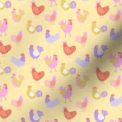 Little chick garden - easter spring chicken and hen design in nineties pastel colors lilac pink orange on soft yellow SMALL