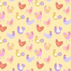 Little chick garden - easter spring chicken and hen design in nineties pastel colors lilac pink orange on soft yellow SMALL