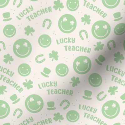 Lucky teacher - st patrick's day illustrations Irish holiday clover smileys and text nineties retro design mint on ivory