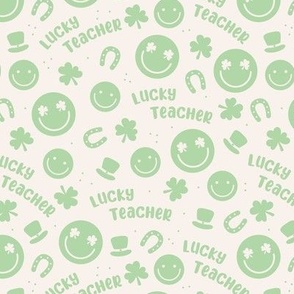 Lucky teacher - st patrick's day illustrations Irish holiday clover smileys and text nineties retro design mint on ivory