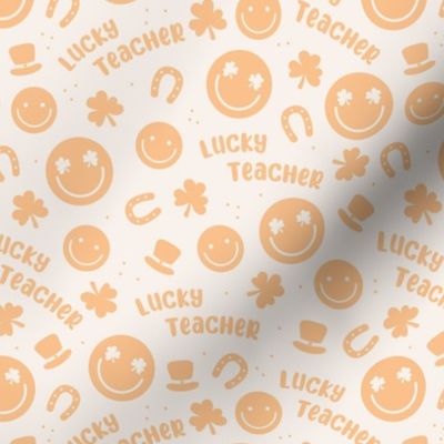 Lucky teacher - st patrick's day illustrations Irish holiday clover smileys and text nineties retro design orange on ivory