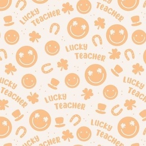 Lucky teacher - st patrick's day illustrations Irish holiday clover smileys and text nineties retro design orange on ivory
