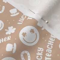 Lucky teacher - st patrick's day illustrations Irish holiday clover smileys and text nineties retro design white on tan beige