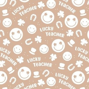 Lucky teacher - st patrick's day illustrations Irish holiday clover smileys and text nineties retro design white on tan beige
