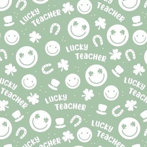 Lucky teacher - st patrick's day illustrations Irish holiday clover smileys and text nineties retro design white mint sage green