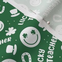 Lucky teacher - st patrick's day illustrations Irish holiday clover smileys and text nineties retro design white on pine green
