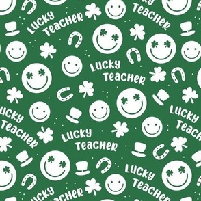 Lucky teacher - st patrick's day illustrations Irish holiday clover smileys and text nineties retro design white on pine green