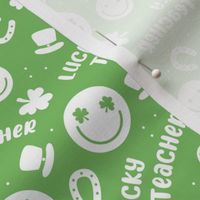 Lucky teacher - st patrick's day illustrations Irish holiday clover smileys and text nineties retro design white on jade green