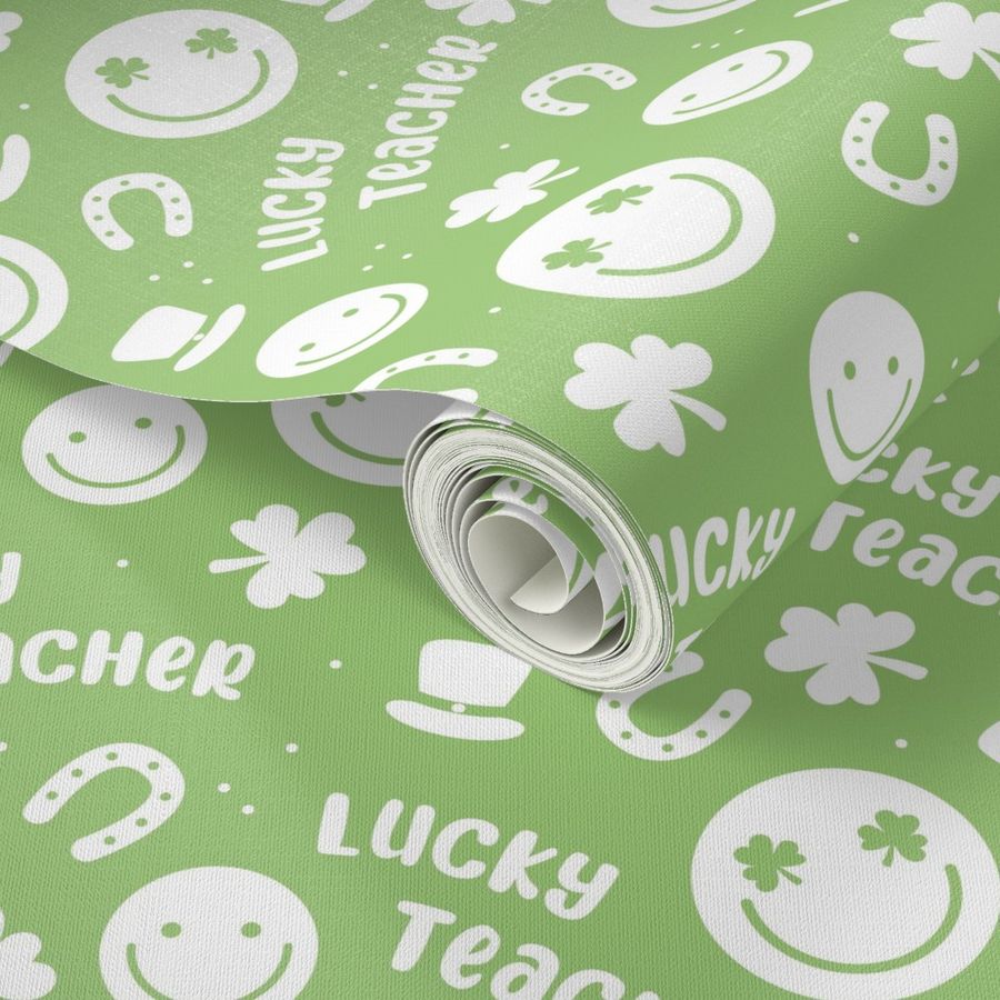 Lucky teacher - st patrick's day illustrations Irish holiday clover smileys and text nineties retro design bright green white