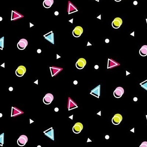 Memphis inspired triangles and dots pattern | Black Background