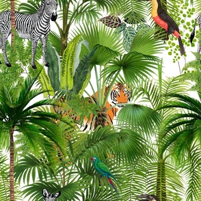 Tropical,jungle,toucan,parrot,zebra,tigers,exotic,palm trees