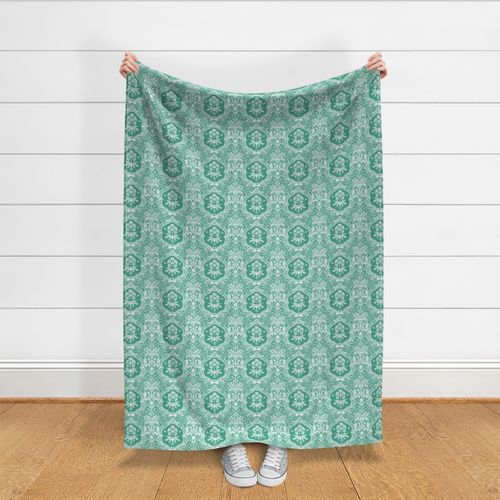 Renaissance Damask with Rabbits, Birds, Insects - teal.