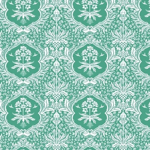 Renaissance Damask with Rabbits, Birds, Insects - teal.