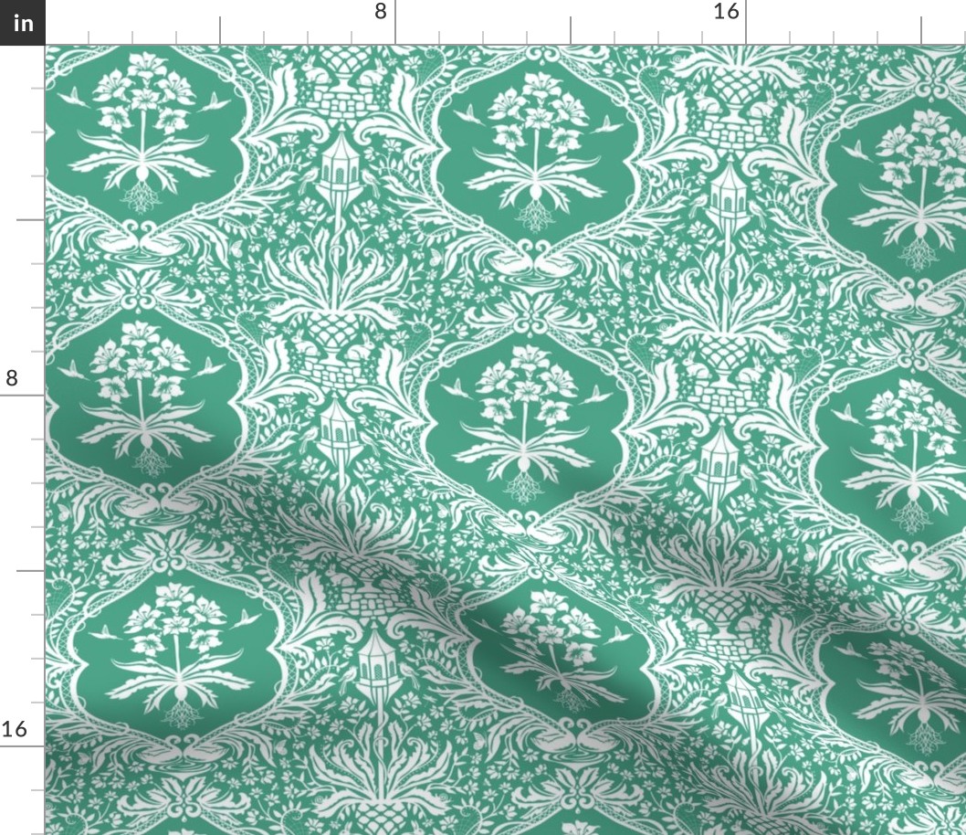 Renaissance Damask with Rabbits, Birds, Insects - teal.