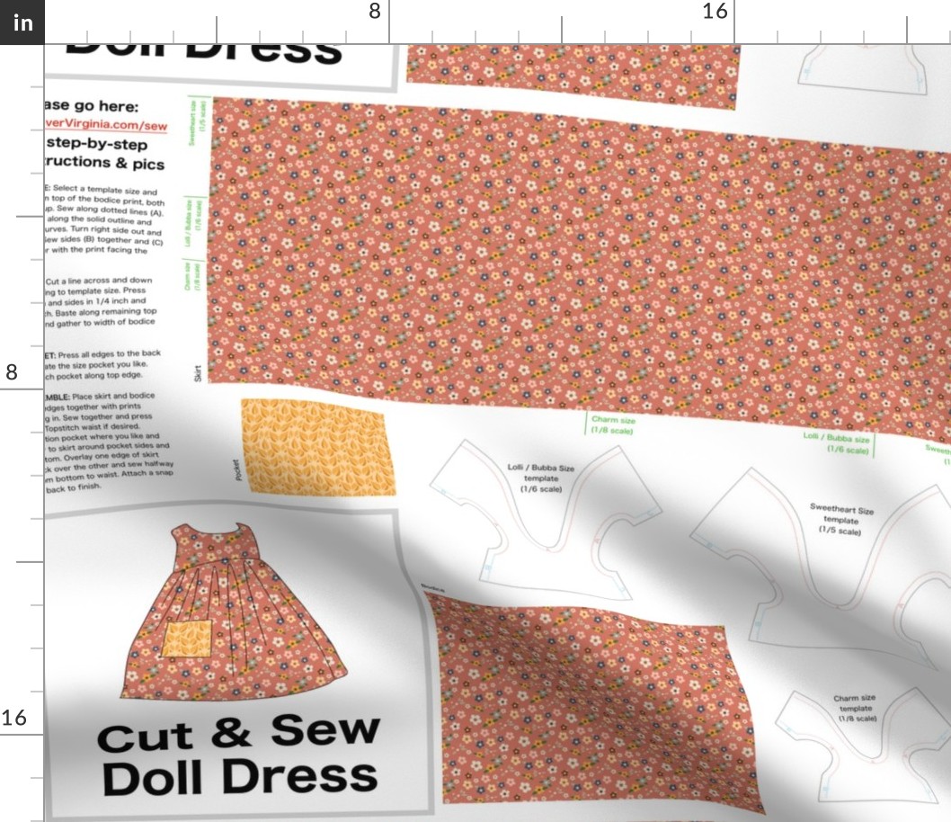 Prairie Flowers Cut & Sew Doll Dress (rose) on FAT QUARTER for Forever Virginia Dolls and other 1/8, 1/6 and 1/5 scale child dolls  // little small scale tiny mini micro doll 