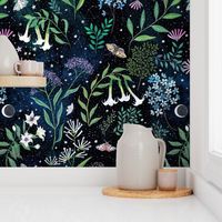Moon Garden, flowers that bloom at night with star constellations and beautiful little moths