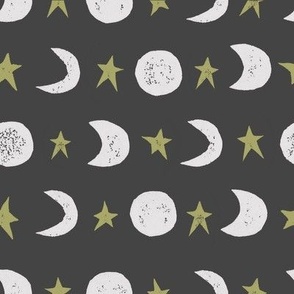 Block Print Moon and Stars in Black White and Gold