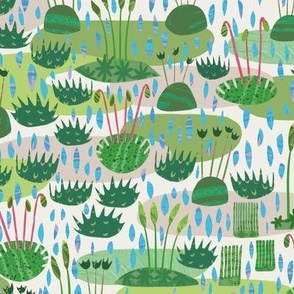 Raindrops on Moss - A colorful design featuring different moss plants amongst big drops of rain