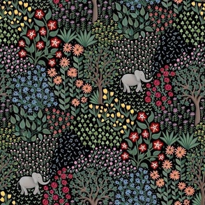 Cute baby elephants playing in a whimsical jungle at dark night - mid size.