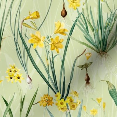 Nostalgic Hand Painted Antique Springflowers Antiqued Yellow Early Bloomers, Vintage Daffodil, Bulbs Flowers by Pierre-Joseph Redouté spring green double layer