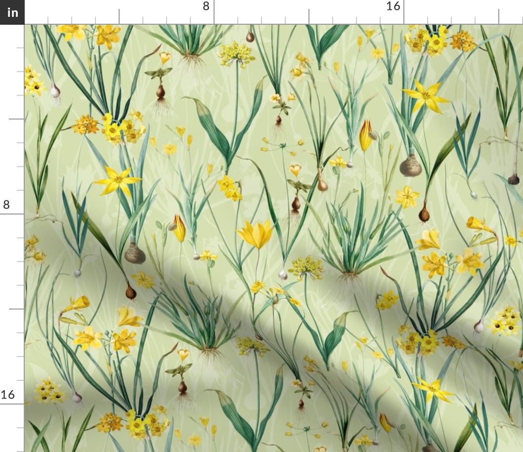 Nostalgic Hand Painted Antique Springflowers Antiqued Yellow Early Bloomers, Vintage Daffodil, Bulbs Flowers by Pierre-Joseph Redouté spring green double layer