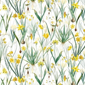 Nostalgic Hand Painted Antique Springflowers Antiqued Yellow Early Bloomers, Vintage Daffodil, Bulbs Flowers by Pierre-Joseph Redouté  white double layer