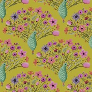 Cheerful maximalist bird damask with whimsical flower tails - peacocks, bees, ladybirds and spider web - mid size  print .