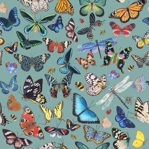 Butterflies in Flight on Teal Blue 