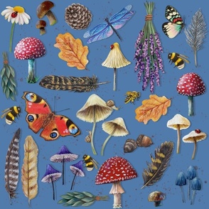 Mushrooms and Insects on Blue (Nature's Garden)