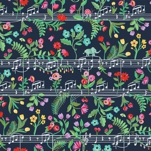 Fun print of colorful  gouache flower garden with baby elephants searching hidden moths  among  music notes - wall paper - mid size.